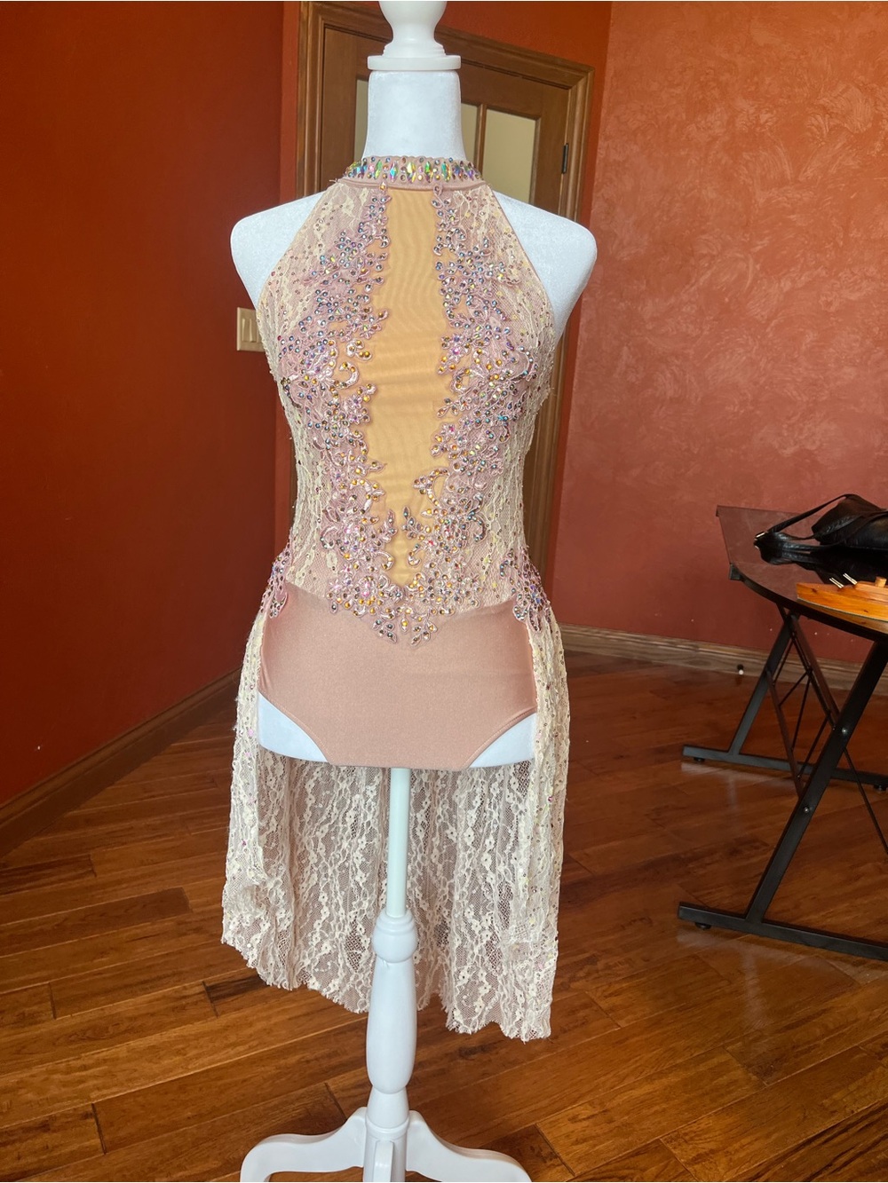 Glamour Peach Lace Beaded High-Low Halter Dress